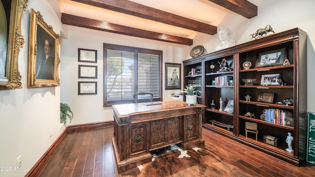 office area with beamed ceiling and dark wood-type flooring