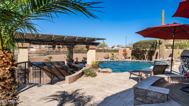 view of swimming pool with a pergola, a patio area, and pool water feature