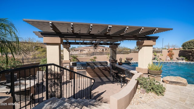 view of patio / terrace featuring a fenced in pool, area for grilling, and a pergola