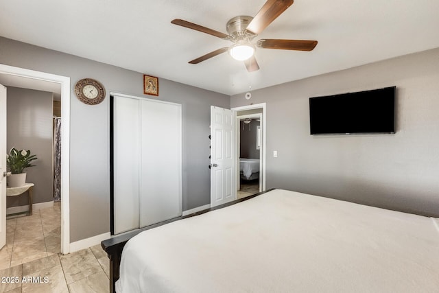 bedroom featuring ceiling fan and a closet