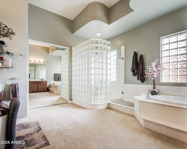 bathroom with independent shower and bath and vanity