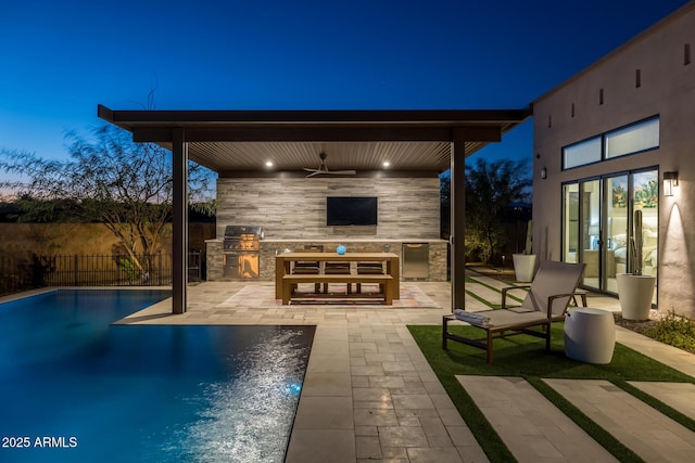 patio terrace at dusk with grilling area, a fenced in pool, area for grilling, and ceiling fan