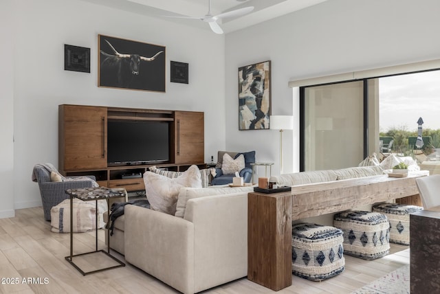 living room with ceiling fan and hardwood / wood-style flooring