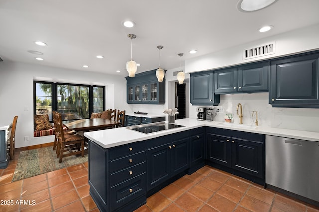 kitchen featuring sink, stainless steel dishwasher, kitchen peninsula, decorative light fixtures, and black electric stovetop