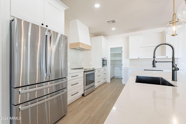 3877 S Veronica Ln, Gold Canyon, AZ 85118 - kitchen featuring appliances with stainless steel finishes, custom exhaust hood, a sink, backsplash, and white cabinetry