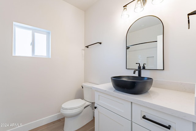 bathroom with wood-type flooring, vanity, and toilet