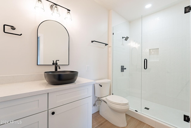 3877 S Veronica Ln, Gold Canyon, AZ 85118 - full bathroom featuring toilet, a stall shower, vanity, and wood finished floors