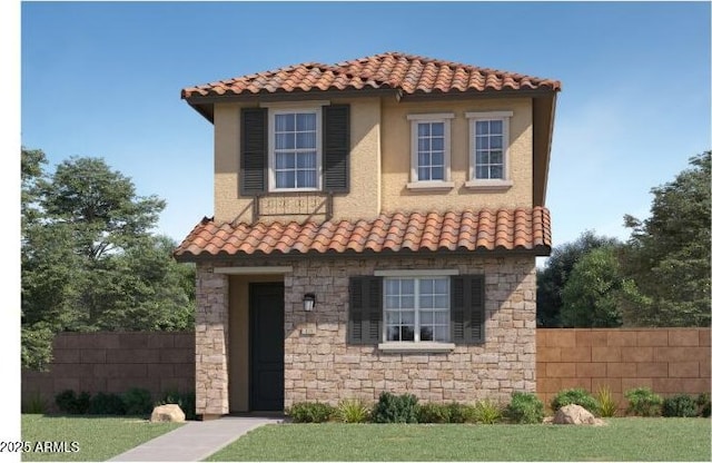 3340 S Lotus Ave, Mesa, AZ 85212 - mediterranean / spanish-style home featuring a tiled roof, stucco siding, and stone siding
