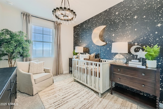 3340 S Lotus Ave, Mesa, AZ 85212 - carpeted bedroom with wallpapered walls and a chandelier