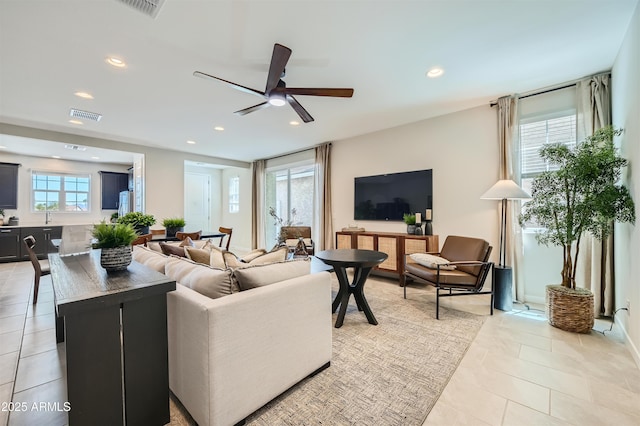 3340 S Lotus Ave, Mesa, AZ 85212 - living room with recessed lighting, a ceiling fan, and light tile patterned floors