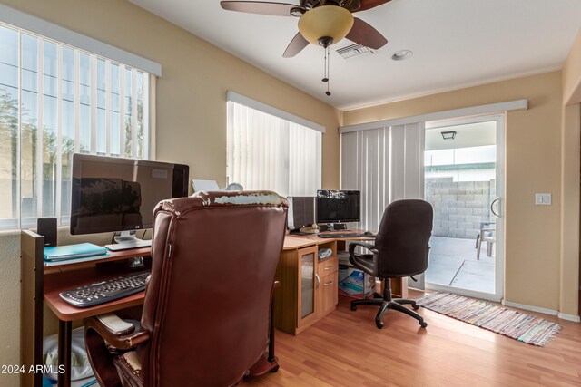 office space with ceiling fan, light hardwood / wood-style floors, and a healthy amount of sunlight