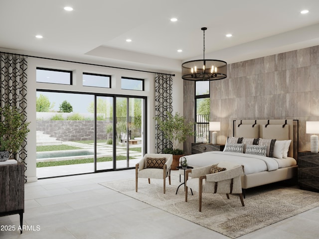 bedroom featuring access to exterior, an inviting chandelier, tile walls, and recessed lighting