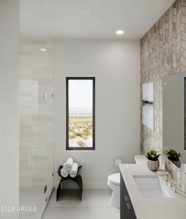 bathroom with walk in shower, vanity, toilet, and tile patterned flooring