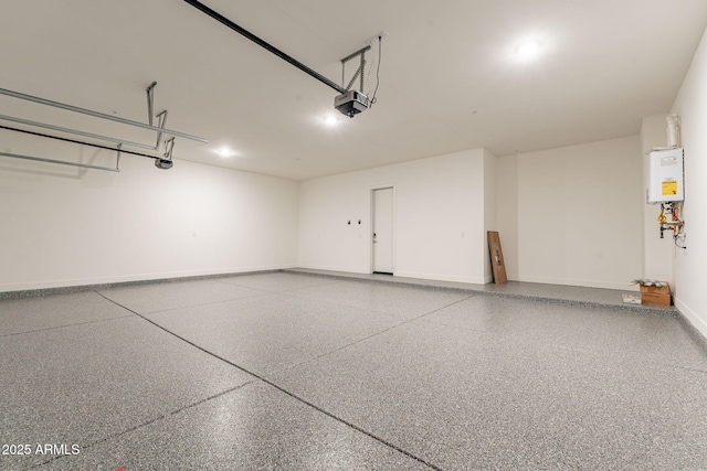 garage with a garage door opener, water heater, and baseboards