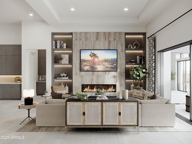 living area featuring a large fireplace, light tile patterned flooring, and recessed lighting