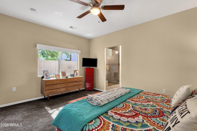 3221 N 37th St Unit 10, Phoenix, AZ 85018 - bedroom with dark colored carpet, baseboards, a ceiling fan, and ensuite bath