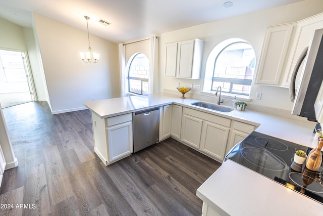 kitchen with dishwasher, sink, dark hardwood / wood-style flooring, kitchen peninsula, and white cabinets