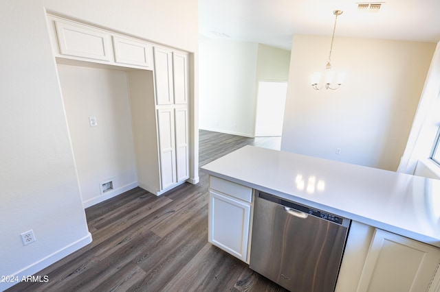 kitchen featuring dishwasher, white cabinets, hanging light fixtures, and dark hardwood / wood-style floors