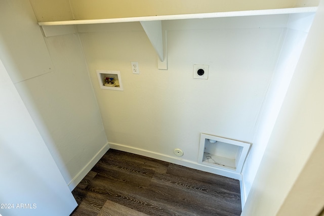 laundry area with gas dryer hookup, hookup for a washing machine, dark wood-type flooring, and hookup for an electric dryer