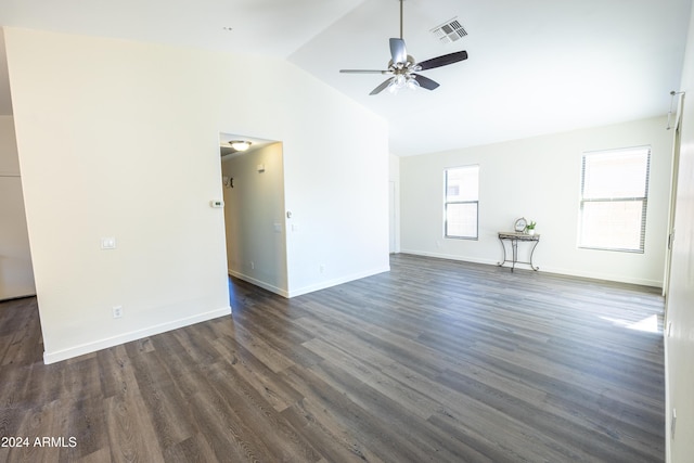 unfurnished living room with ceiling fan, high vaulted ceiling, and dark hardwood / wood-style floors