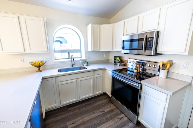 kitchen with white cabinetry, sink, appliances with stainless steel finishes, and dark wood-type flooring