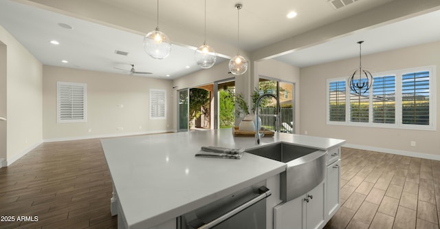 kitchen with stainless steel dishwasher, baseboards, a sink, and wood finished floors