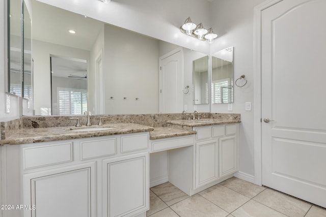 bathroom featuring tile patterned floors, ceiling fan, and vanity