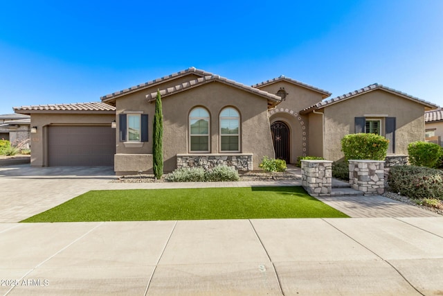 2027 E Ln Costa Ct, Gilbert, AZ 85298 - mediterranean / spanish-style home with stucco siding, a garage, driveway, a tiled roof, and a front lawn