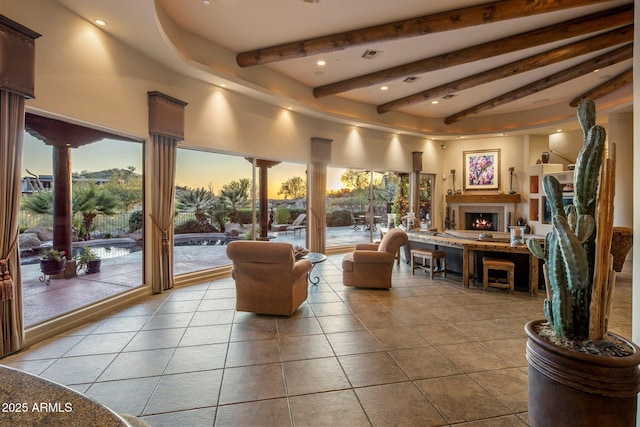 building lobby with recessed lighting and beamed ceiling
