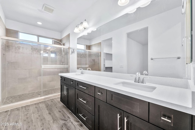 bathroom featuring vanity and a shower with shower door