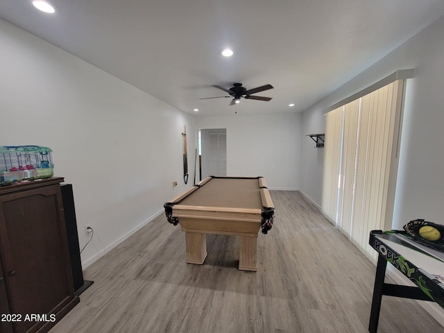 rec room featuring pool table, ceiling fan, and light wood-type flooring