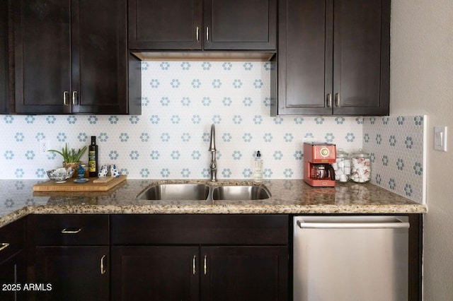 kitchen with tasteful backsplash, dark brown cabinetry, dishwasher, and a sink