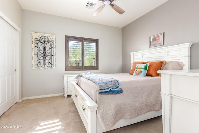 36382 N 35th St, Cave Creek, AZ 85331 - bedroom featuring light carpet, baseboards, visible vents, and a ceiling fan