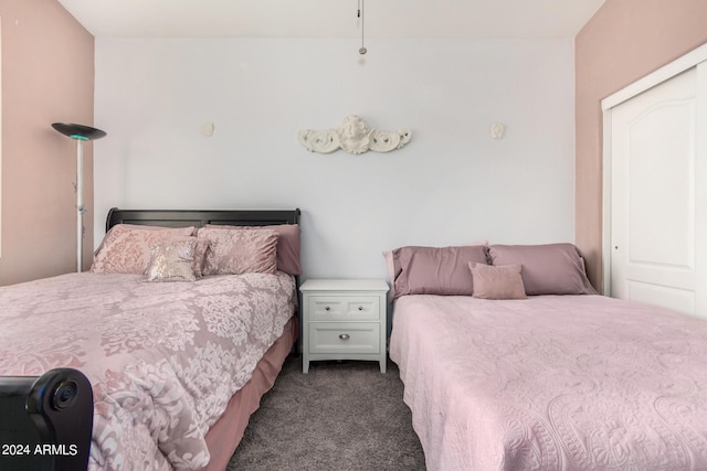 bedroom featuring dark carpet and a closet