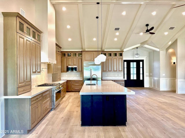 3021 N 47th St, Phoenix, AZ 85018 - kitchen featuring premium appliances, beamed ceiling, an island with sink, light wood-style floors, and high vaulted ceiling