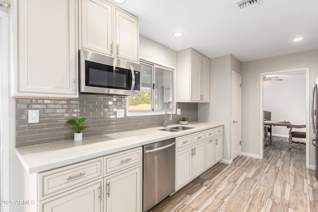 kitchen with sink, backsplash, stainless steel appliances, light stone counters, and white cabinets