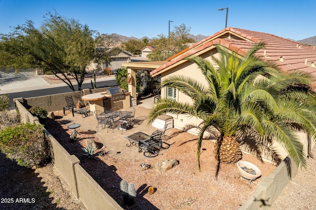 view of yard featuring area for grilling, a mountain view, and a patio area