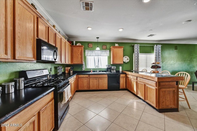 kitchen with hanging light fixtures, plenty of natural light, ornamental molding, and black appliances