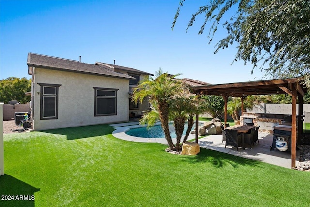 rear view of property featuring a patio, a lawn, and a pergola