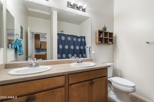 1601 S 215th Dr, Buckeye, AZ 85326 - bathroom with toilet, double vanity, and curtained shower