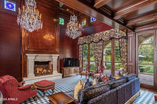 living room with wooden walls, crown molding, coffered ceiling, and beam ceiling