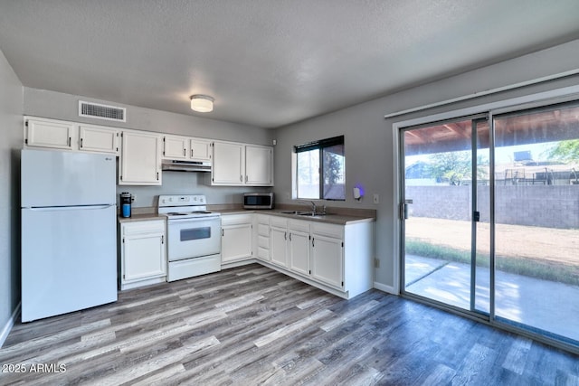 3209 W Charleston Ave, Phoenix, AZ 85053 - kitchen featuring white appliances, under cabinet range hood, white cabinets, a sink, and visible vents