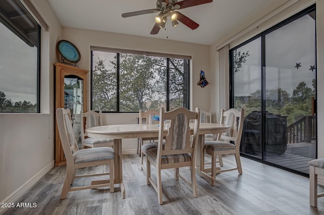 dining area featuring a ceiling fan, light wood-style flooring, and baseboards