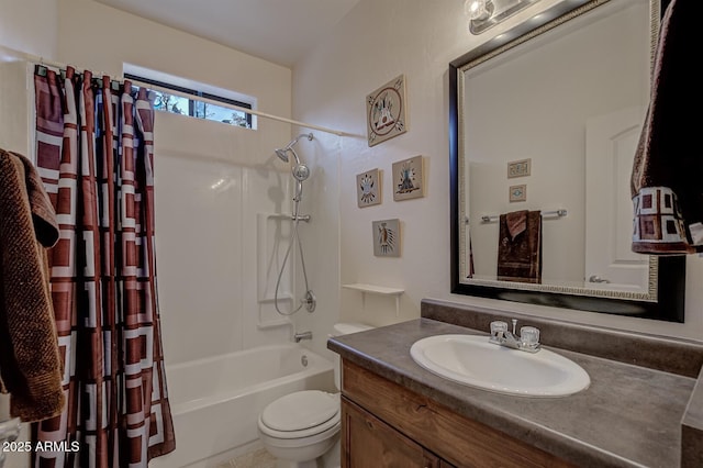 full bath featuring shower / tub combo, vanity, and toilet