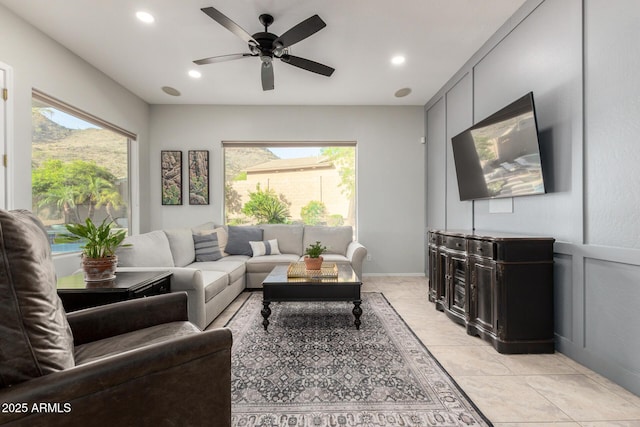 4618 W Pokeberry Ln, Phoenix, AZ 85083 - living room with recessed lighting, a ceiling fan, and light tile patterned floors