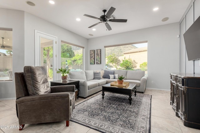 4618 W Pokeberry Ln, Phoenix, AZ 85083 - living room featuring ceiling fan, recessed lighting, and light tile patterned floors
