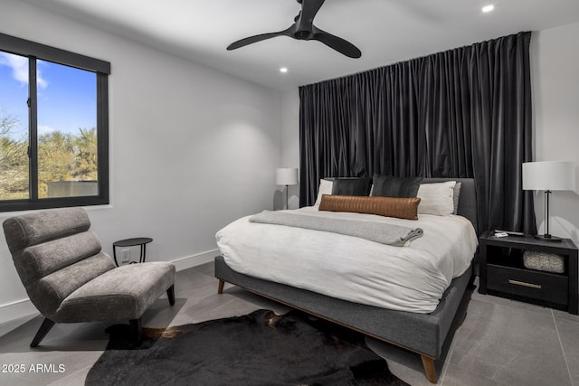 bedroom with recessed lighting, baseboards, and ceiling fan