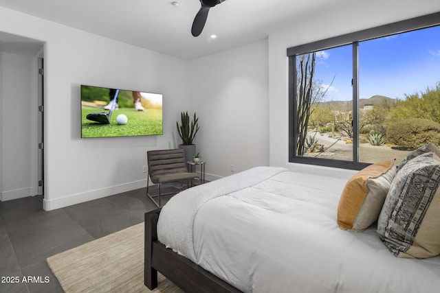 bedroom featuring recessed lighting, a ceiling fan, and baseboards