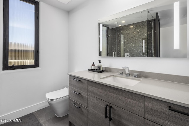 full bath with vanity, baseboards, tile patterned flooring, a shower stall, and toilet