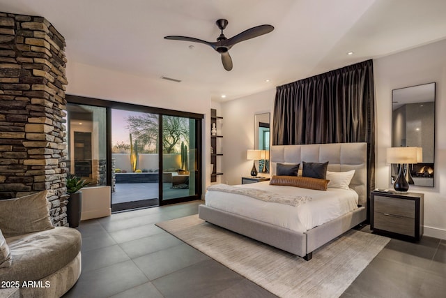 bedroom with baseboards, visible vents, recessed lighting, ceiling fan, and access to outside